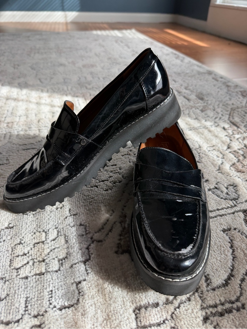 Franco Sarto Black Patent Leather Women's Lug Sole Loafers